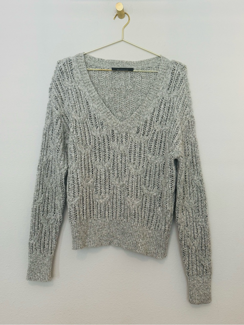 White House Black Market Light Gray V-Neck Cable Knit Sweater